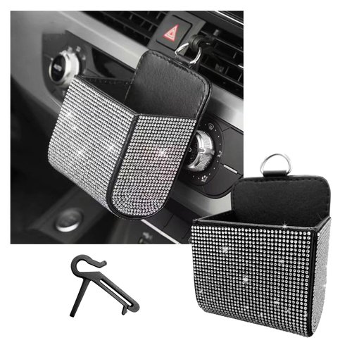 Dickno Car Vent Storage Organizer, Rhinestones Leather Air Vent Pocket, Bling Automotive Vent Pouch Box with Hook, Multipurpose Dashboard Air Vent Cell Phone Holder for Girl Women (White)