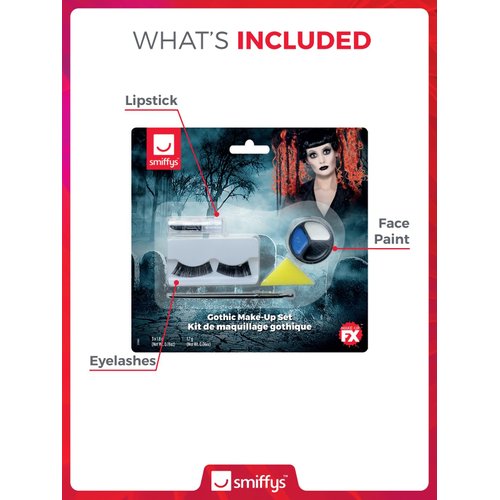 Smiffys Make-Up FX, Gothic Glamour Kit, White Grease, with Face Paint, Lipstick & Eyelashes, Cosmetics and Disguises Fancy Dress, Cosmetic Dress Up Cosmetics & Disguises.