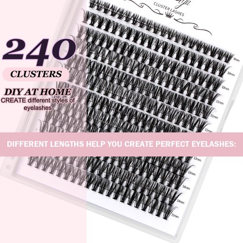 Riya Lash Clusters DIY Eyelash Extensions 240pcs D Curl Clusters Lashes 30D 40D LASH Volume Individual Lashes Eyelash Clusters Extensions Wispy Lashes Cluster DIY at Home (30D，Mixed）