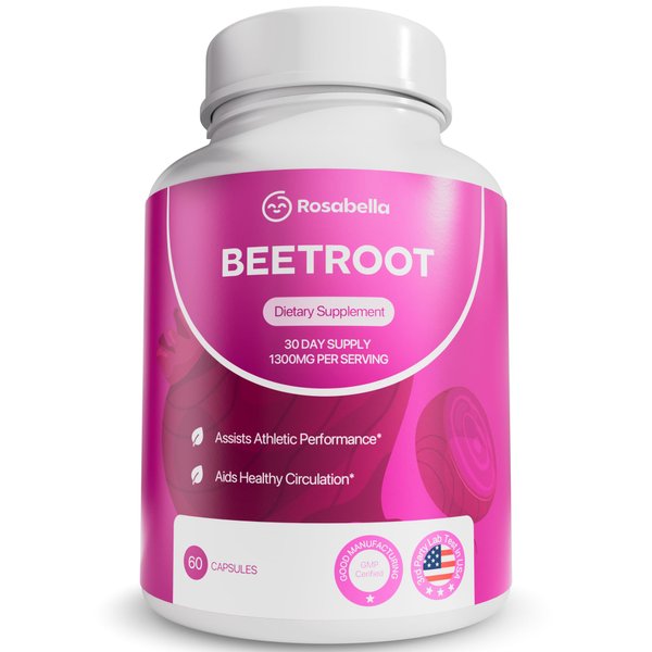 Rosabella Organic Beet Root Capsules – 1300mg Beetroot Powder for Natural Energy & Endurance Support, Non-GMO, Lab-Tested Beet Supplement - 60 Capsules, 30-Day Supply