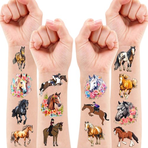 101 PCS Floral Cowgirl Horse Derby Temporary Tattoos Themed Birthday Party Favors Decorations Supplies Decor Stickers Racing Pink Wild Horse Rodeo Cowboy for Girls Boys Men Gift School Prizes Rewards