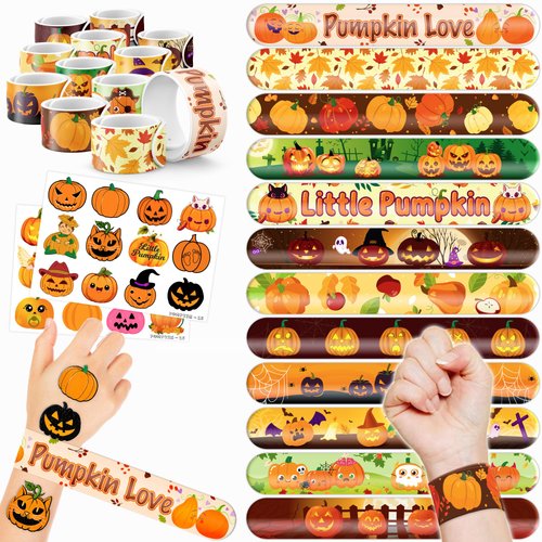 48 Pumpkin 24PCS Pumpkin Temporary Tattoos Sticker 24PCS Slap Bracelets Perfect for Themed Birthday Party Favors Baby Showers or Classroom Rewards Ideal Decor and Gifts for Girls and Boys