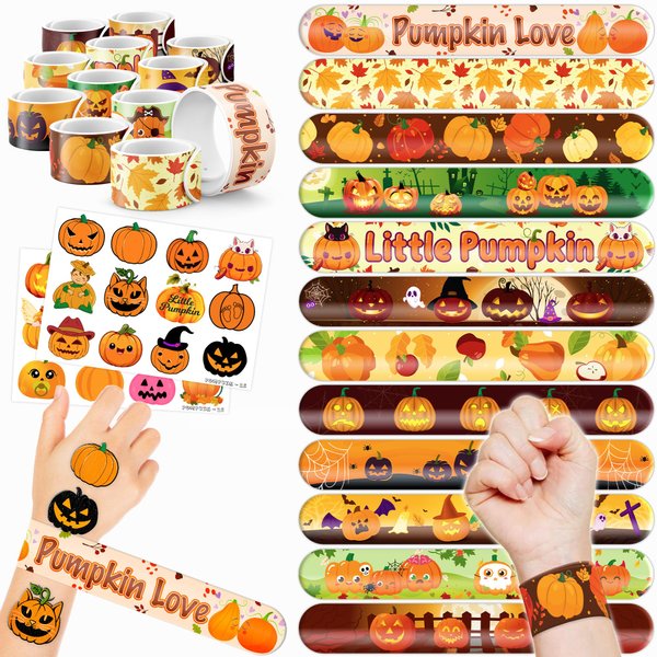 48 Pumpkin 24PCS Pumpkin Temporary Tattoos Sticker 24PCS Slap Bracelets Perfect for Themed Birthday Party Favors Baby Showers or Classroom Rewards Ideal Decor and Gifts for Girls and Boys