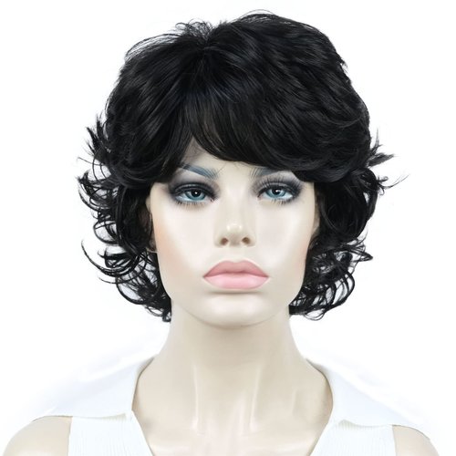 Aimole Synthetic Wigs Women's Curly Ends Short Fiber Wig With Layered Bangs(2 Darkest Brown)