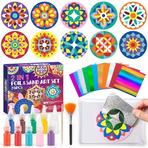 TENYEAH Foil Art & Sand Art Kit, 2 in 1 Mandala Arts and Crafts for Kids Ages 4-8, Mess Free DIY Coloring Kit for Girls and Boys, Thanksgiving Christmas Festivals Party Gifts