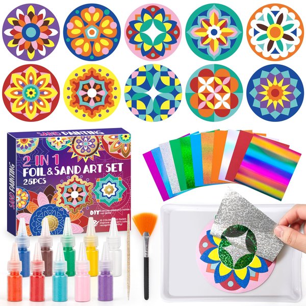 TENYEAH Foil Art & Sand Art Kit, 2 in 1 Mandala Arts and Crafts for Kids Ages 4-8, Mess Free DIY Coloring Kit for Girls and Boys, Thanksgiving Christmas Festivals Party Gifts