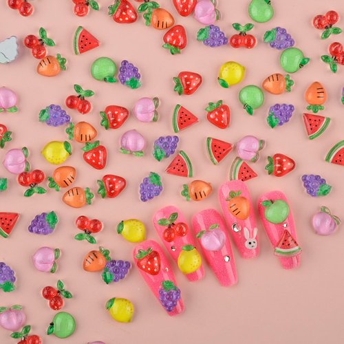 BAIYIYI 100PCS 3D Nail Charms Fruit Resin Nail Art Charms Kawaii Cherry Strawberry Lemon Watermelon Apple Grape Peach Cute Design Flatback Slime Resin Charms for Acrylic Nails DIY Craft Accessories