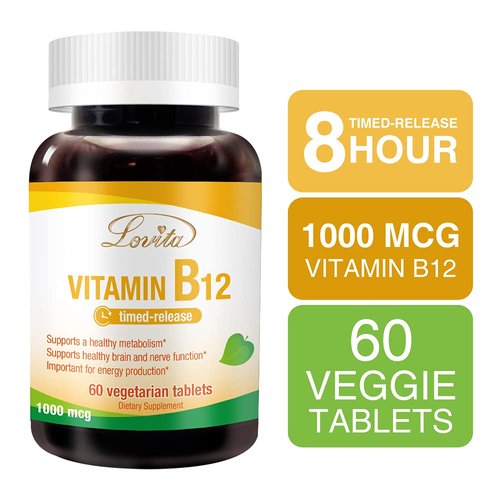 Lovita Vitamin B12 1000 mcg (B12 Vitamins as Cyanocobalamin), Timed Release B12, Vegan-Friendly, Supports Nervous System, 60 Vegetarian Tablets (2 Month Supply)