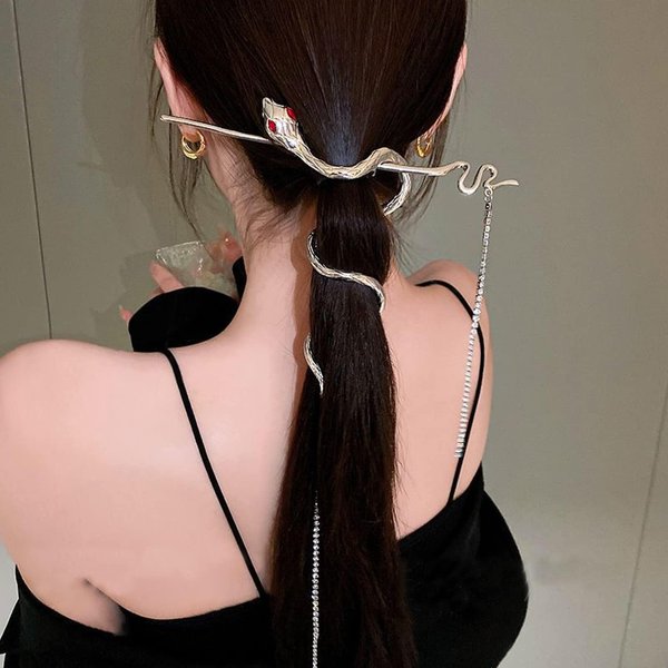 2Pcs Silver Spiral Snake Hair Stick Set Metal Irregular Chinese Hair Chopsticks Hairpin Headwear with Rhinestone Tassel Hair Chain Hair Rope for Long Hair,Hairstyle Hair Accessories for Women Girls