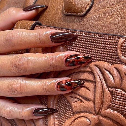 Fall Press on Nails Almond Fake Nails Dark Brown False Nails with Designs Acrylic Nails Brown Fal...