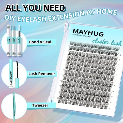 MH Cluster Eyelash Extensions Kit Lash Clusters Kit Lash Clusters with 12ML Bond and Seal Waterproof, 12ML Lash Remover, Lash Tweezers for DIY Lash Extension Kit (168PCS, 8-18mm)