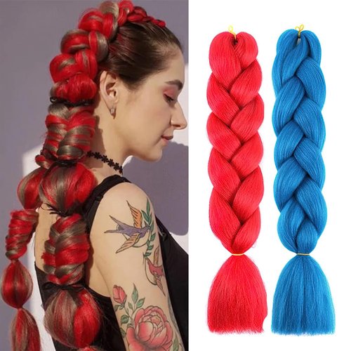 Colored Hair Extensions 2 Colors Red Blue Ombre Jumbo Braiding Hair High Temperature Synthetic Fiber 24 Inch Hot Box Braids Braiding Hair Costume Cosplay Festival Party Makeup Set