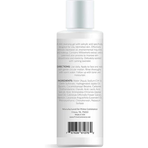 promesse Acne Control Facial Cleanser - Anti-Aging Exfoliating Wash with Glycolic & Salicylic Acid, Lavender-infused, Made in USA, Organic & Natural Ingredients