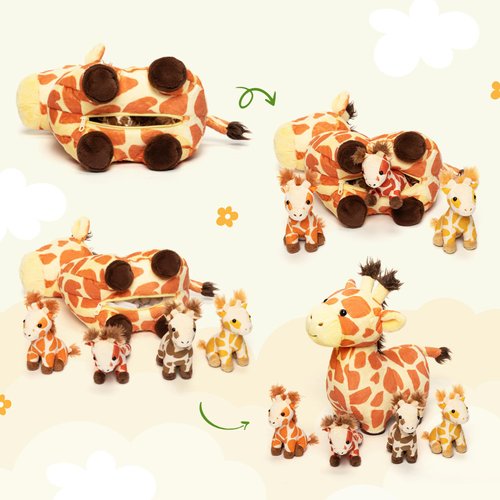 OUOZZZ Giraffes Stuffed Animals with Babies Inside Plush Toys Set Mommy and 4 Little Giraffes Babies - Gift Present Toys for Girls Boys Kids Toddler Infant
