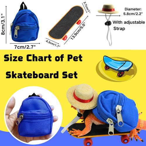 TTMIMIK 3 Pack Bearded Dragons Accessories Toy Lizard Backpack Adjustable Hat and Mini Skateboard Fit for Lizard Bearded Dragons Hamster Parrot Little Turtle Reptiles Small Animals