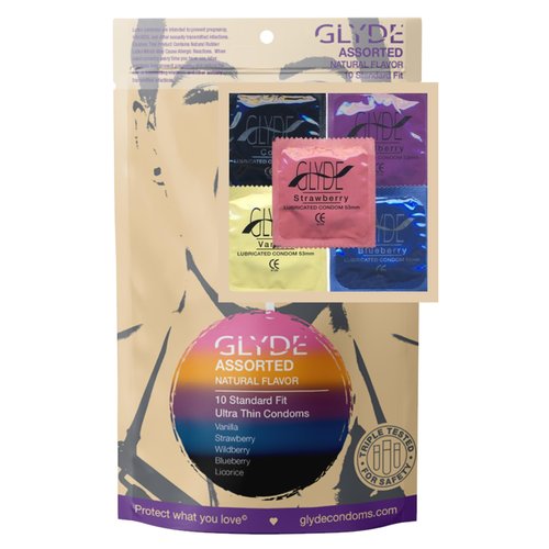 GLYDE Assorted Flavored Ultra Thin Condoms - 10 Count - Organic Flavor Extract, Ultra-Thin, Vegan, Non-Toxic, Medium Size Natural Rubber Latex, 53mm Yummy Standard Fit