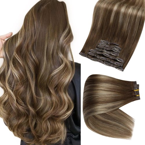Full Shine Real Hair Clip in Extensions Brown Balayage Hair Clip in Human Hair Extensions 4 Brown Ombre 4 Highlights Honey Blonde Seamless Clip in Hair Extensions 120 Grams 18 Inch