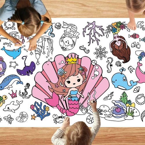 Quimoy Mermaid Tablecloth, Mermaid Giant Coloring Poster for Kids 30 x 72 Inch, Mermaid Coloring Banner, Mermaid Party Decorations for School Classroom Home Supplies