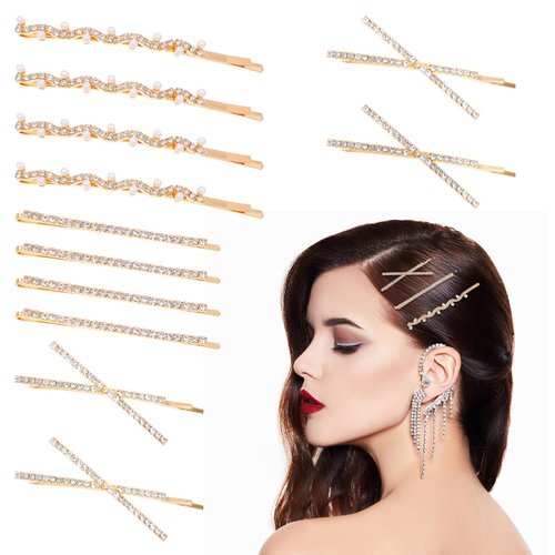 Tyqour 12Pcs Rhinestone Bobby Pins for Women Girls Gold Hair Pins Crystal Shiny Barrettes Metal Hair Clips I S X Shaped Sparkly Diamond Decorative Hair Accessories for Wedding Prom Party