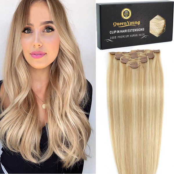 Clip in Hair Extensions Real Human Hair 7pcs 120g Straight Hair Extensions 18 Inch Light Blonde Highlighted Golden Blonde Clip in Human Hair Extensions Thick Remy Extensions Straight