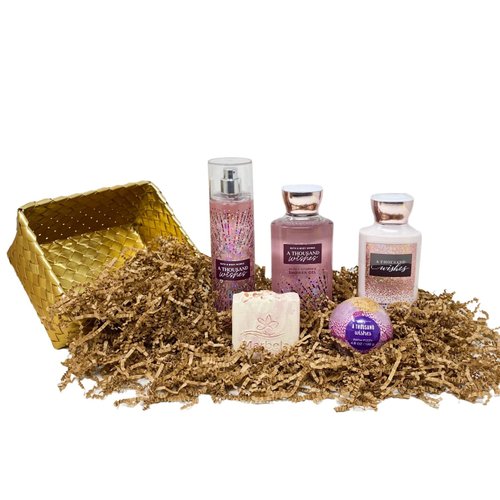 Bath & Body Works A Thousand Wishes Gold Woven Basket 4 Piece Gift Set - Fragrance Mist - Shower Gel - Body Lotion - Bath Fizzy - with a Himalayan Salts Springs Bar Soap - Full Size