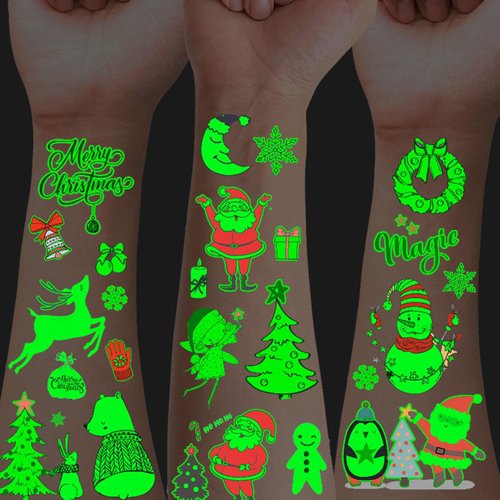 137 PCS Luminous Christmas Tattoos for Kids, 10 Sheets Christmas Accessories Glow in the Dark Fake Tattoo Stickers with Santa for Stocking Stuffers, Cute Xmas Party Favors Supplies for Boys Girls