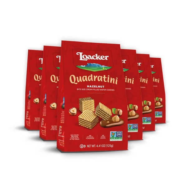 Loacker Quadratini Hazelnut Wafer Cookies SMALL - Premium Crispy Bite Size Wafers - 30% Less Sugar - NON-GMO - SMALL Pack of 6