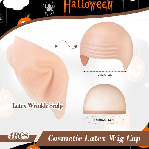 QINLECTRI 4 Packs Halloween Makeup Latex Bald Caps with 4 Nylon Wig Caps, Halloween Bald Caps Makeup Professional Bald Cap for Halloween Party Adult Costume Accessories, Novel Style
