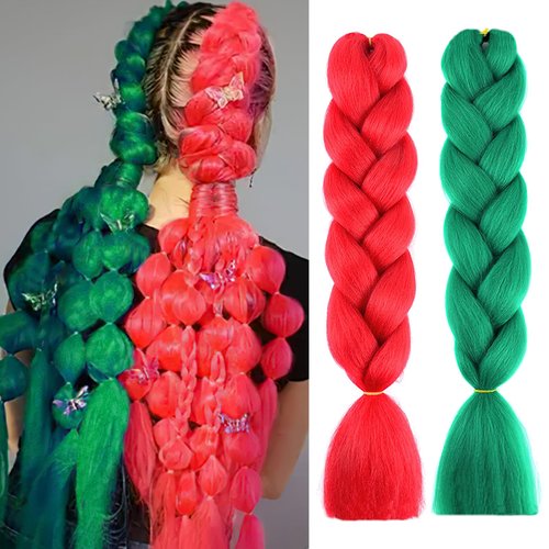 BASEMMAHER Red Green Ombre Jumbo Color Braiding Hair Extensions for Women Girls Christmas High Temperature Synthetic Fiber Twist Crochet Braids Hair Pre Stretch 24 Inch