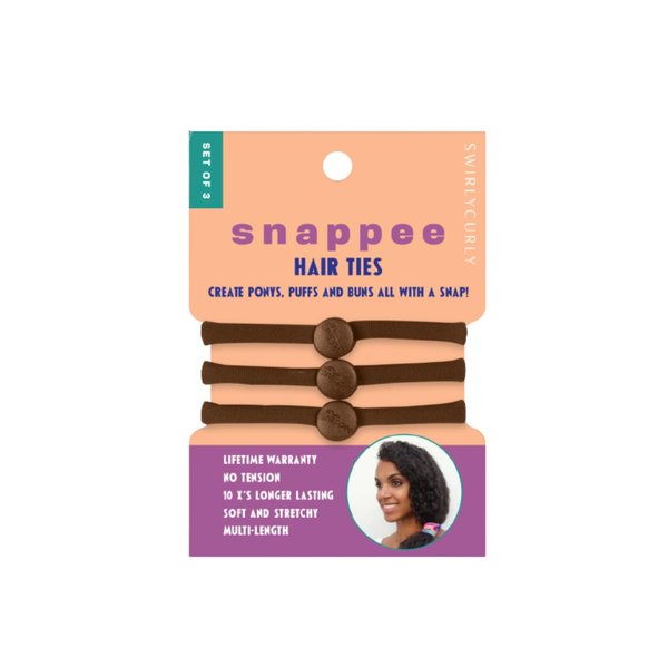 Snap Hair Ties for Thick, Natural, Curly Hair | No Slip, No Tension Pro Hair Tie | Strong Ponytail Holder (3 Pack, Brown)