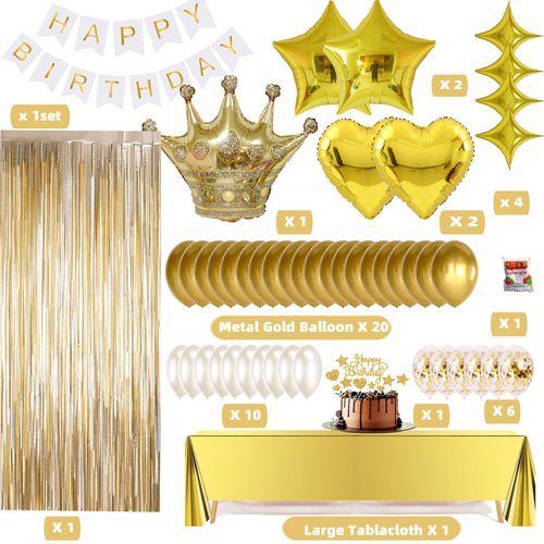 Gold Birthday Decorations - Gold Party Decorations Set with Birthday Banner, Gold White Confetti Balloons, Gold Foil Fringe Curtains, Gold Tablecloth for Girls Women Men Kids Baby