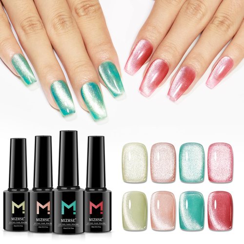 MIZHSE Cat Eye Gel Nail Polish 4 Colors, Crystal Cateye Gel with Magnet Stick Green Red Gloss Aur...