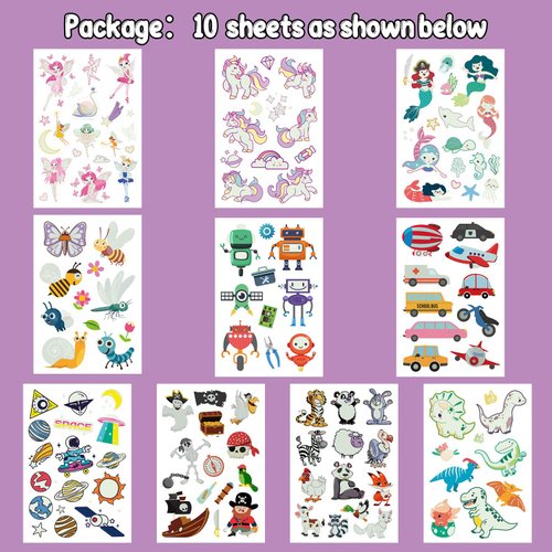 PARTYWIND Luminous Temporary Tattoos for Kids, Waterproof Fake Tattoos Stickers with Dinosaur Mermaid Pirate Construction for Boys and Girls, Birthday Party Decorations Supplies Favors