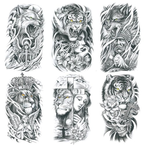 Oottati 6 Sheets Arm Waterproof Temporary Tattoos Wolf Maria Cross Women Tiger Flower India Lion Skull