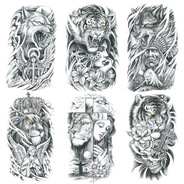 Oottati 6 Sheets Arm Waterproof Temporary Tattoos Wolf Maria Cross Women Tiger Flower India Lion Skull