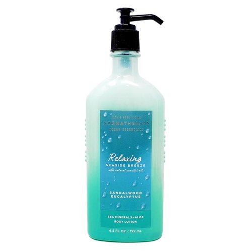 Bath & Body Works Aromatherapy Relaxing Seaside Breeze Sandawood & Eucalyptus - Duo Gift Set - Body Lotion and Essential Oil Pillow Mist with a Charcoal Scrub Soap