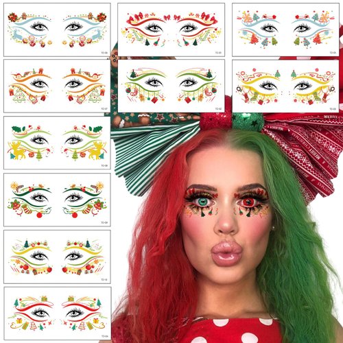 10 Sheets Christmas Eyeshadow Face Tattoo Stickers Eyeliner Decals Santa Claus Xmas Tree Snowflake Snowman Makeup Temporary Tattoo Stickers for Women Xmas Masquerade Party (Red Green Yellow)