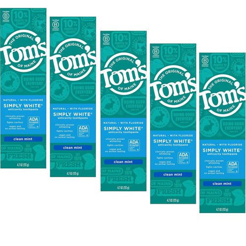 Tom's of Maine Natural Simply White Fluoride Toothpaste Clean Mint 4.70 oz (Pack of 5)5