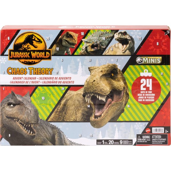 Mattel Jurassic World: Chaos Theory 2024 Holiday Advent Calendar with 24 Day Countdown, 30 Dinosaur-Related Toy Surprises, 20 Mini Dinos, 1 Human, 9 Fence Pieces