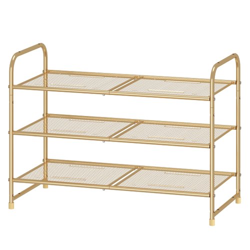 Simple Trending 3-Tier Stackable Shoe Rack, Expandable & Adjustable Shoe Shelf Storage Organizer, Metal Mesh, Gold