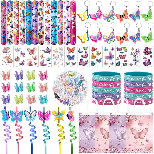 Joyvorite 144 Pcs Butterfly Party Favors Set with Butterfly Straws Keychains Slap Bracelet Tattoo Stickers Wristbands Hair clips Goodie Bags Butterfly Party Supplies Butterfly Birthday Decorations