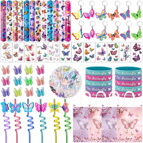 Joyvorite 144 Pcs Butterfly Party Favors Set with Butterfly Straws Keychains Slap Bracelet Tattoo Stickers Wristbands Hair clips Goodie Bags Butterfly Party Supplies Butterfly Birthday Decorations