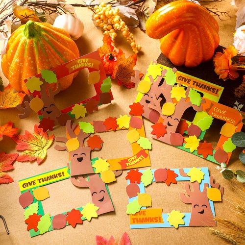 Domensi 24 Set Thanksgiving Craft for Kids Tree of Thanks Picture Frame Magnet Craft Kit with Magnet Picture Frame Tree of Thanks Leaves Cards DIY Craft for Thanksgiving Party Favors Family Dinner