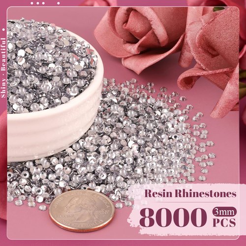 8000PCS 3mm Resin Rhinestones Bulk for Crafting (Clear), Flatback Bedazzling Crystals for Crafts DIY Nail Decoration, Gems Charms for Tumbler Shoes Clothing Fabric with Pickup Pen and Tweezers