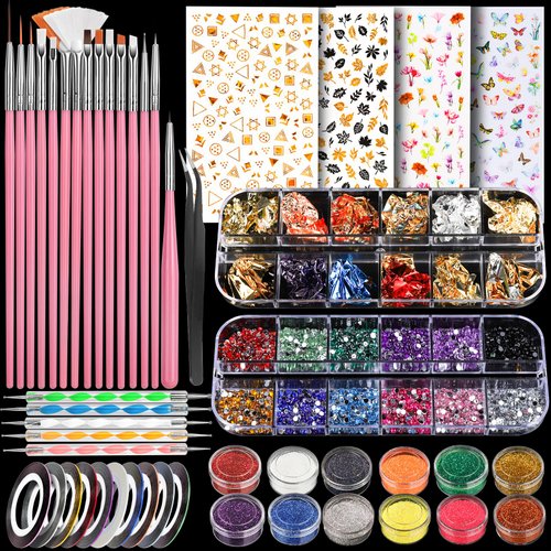 Teenitor Nail Art Brushes Nail Art Tools, Nail Brushes for Nail Art Kit with Nail Stickers, Nail Design Kit Nail Design Brushes Nail Gems, Dotting Tools Nail Art Stickers Nail Glitter Nail Accessories