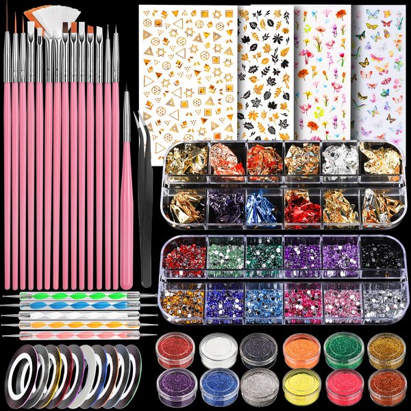 Teenitor Nail Art Brushes Nail Art Tools, Nail Brushes for Nail Art Kit with Nail Stickers, Nail Design Kit Nail Design Brushes Nail Gems, Dotting Tools Nail Art Stickers Nail Glitter Nail Accessories