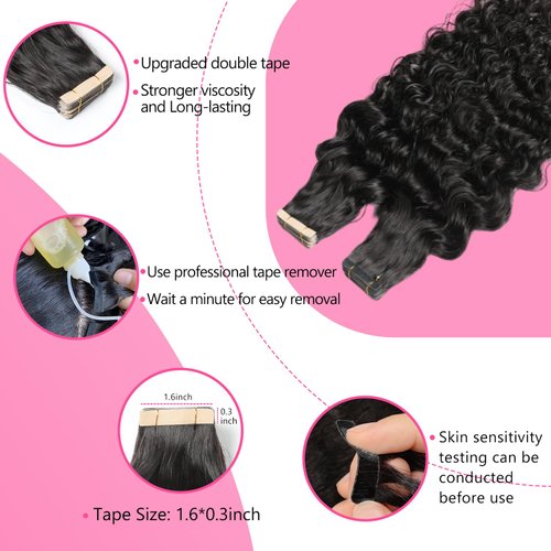Tape in Hair Extensions Curly Human Hair 20pcs Tape in Extensions for Black Women Invisible Double Sided Tape in Hair Extensions Real Human Hair 18inch Natural Black