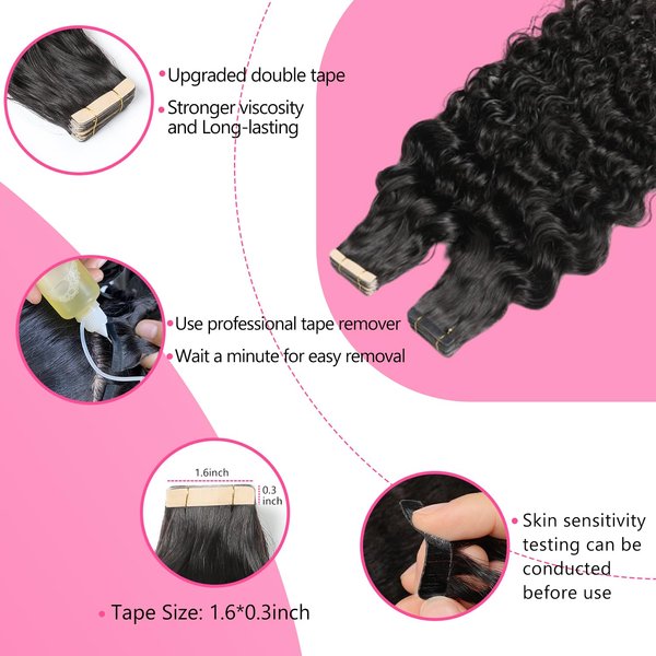 Tape in Hair Extensions Curly Human Hair 20pcs Tape in Extensions for Black Women Invisible Double Sided Tape in Hair Extensions Real Human Hair 18inch Natural Black
