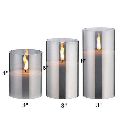 Eywamage Silver Grey Glass Flameless Candles with Remote, Battery Operated Flickering LED Pillar Candles Set of 3
