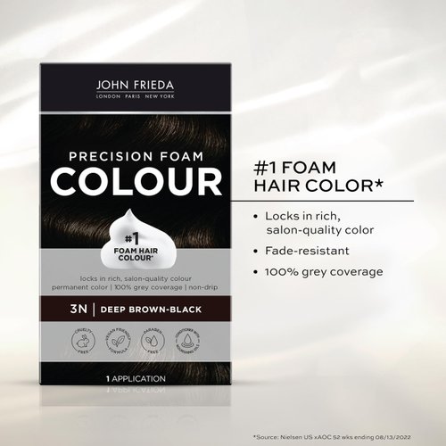 John Frieda Precision Foam Colour, Deep Brown Black 3N, Full-coverage Hair Color Kit, with Thick Foam for Deep Color Saturation